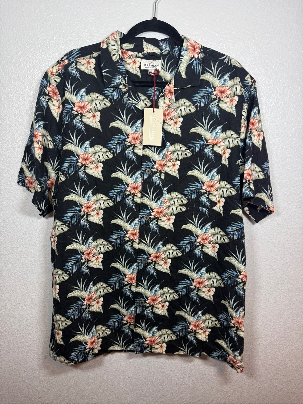 Jeremiah Linen Blend Black Floral Button Down Shirt Mens Size L Short Sleeve NWT